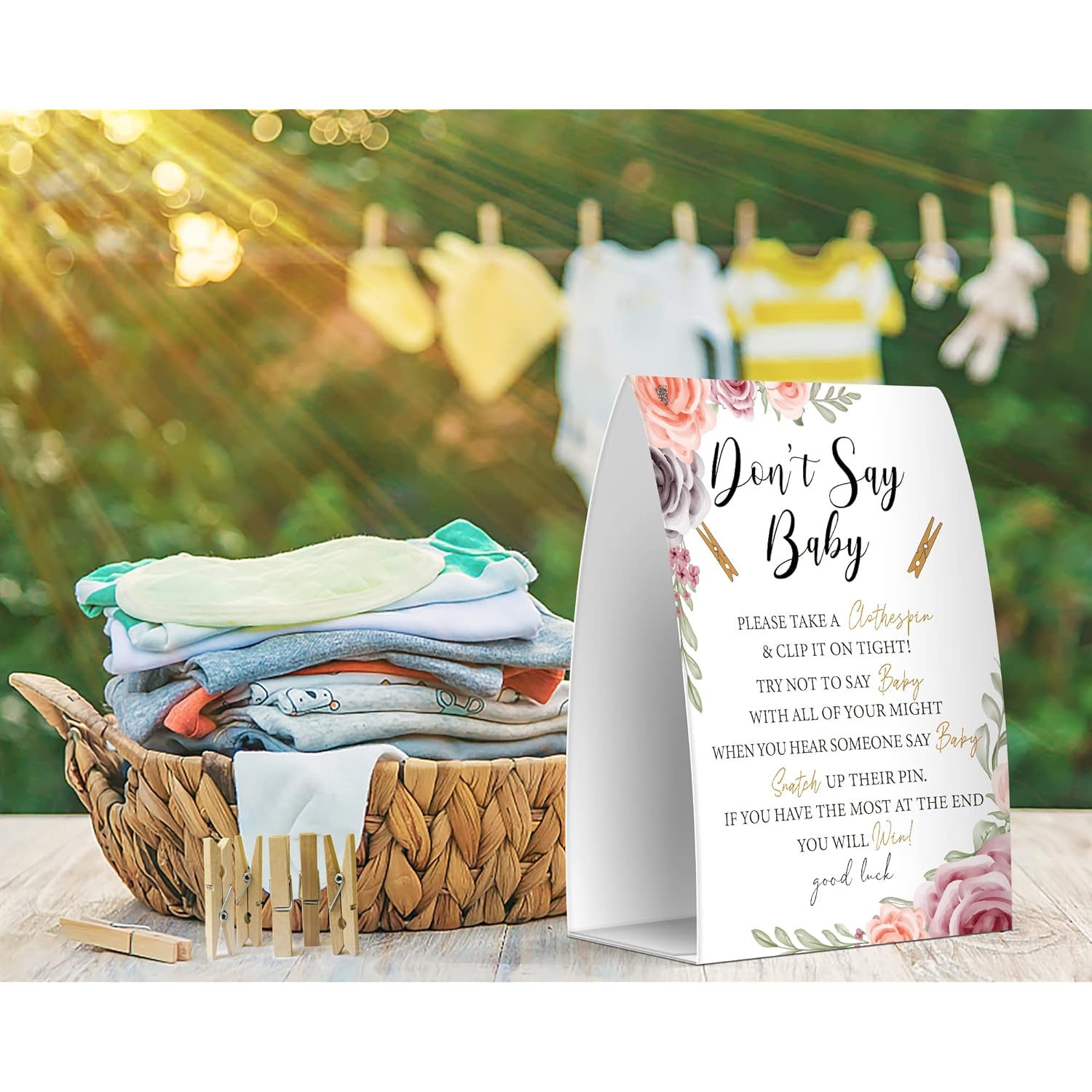 Don'T Say Baby Set - One 5X7 Sign And 50 Mini Clothespins, Baby Shower Games, Baby Shower Decoration, Gender Neutral Baby Shower - Msjb015