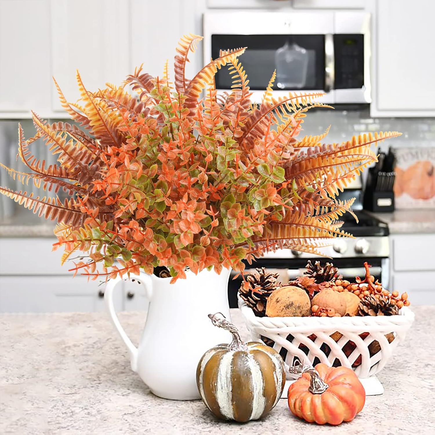 6Pcs Artificial Fall Flowers Outdoor Uv Resistant, 3Pcs Fall Fake Plants With 3Pcs Autumn Boston Fern Plants Bushes For Outside Garden Front Porch Sidewalk Window Box Fall Décor Orange