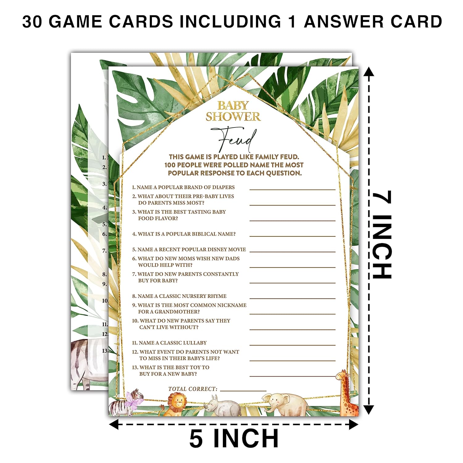 Woodland Animals 30 Baby Shower Feud Game Cards With 1 Answer Card, Safari Gender Reveal Party Supplies Favors (5"X7") - C07