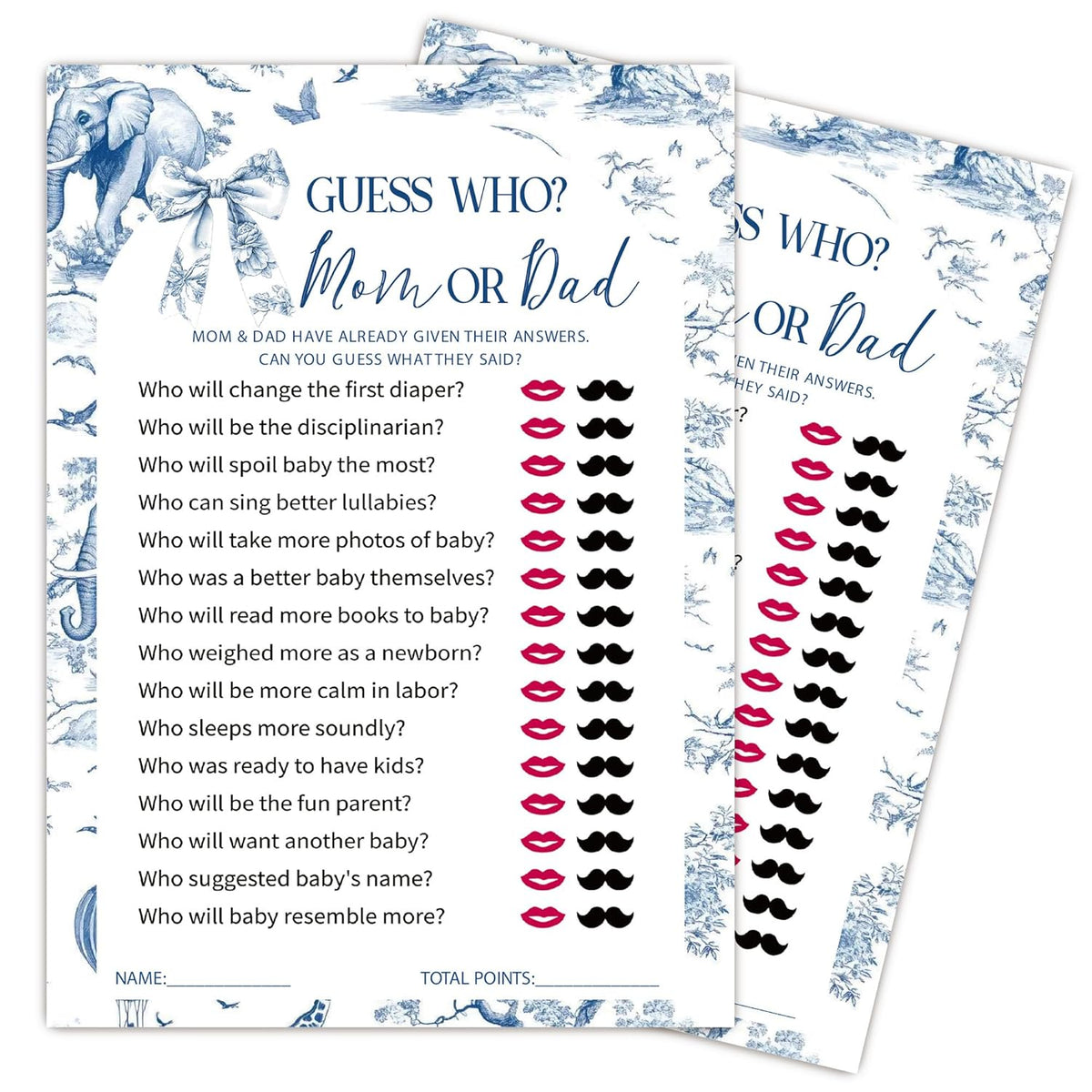 Toile Baby Shower Games, Mommy Or Daddy Game, Fun Baby Shower Party Supplies Decorations, Baby'S Announcement, Gender Neutral, 25 Blue Elephant And Bow Theme Games Cards-C05