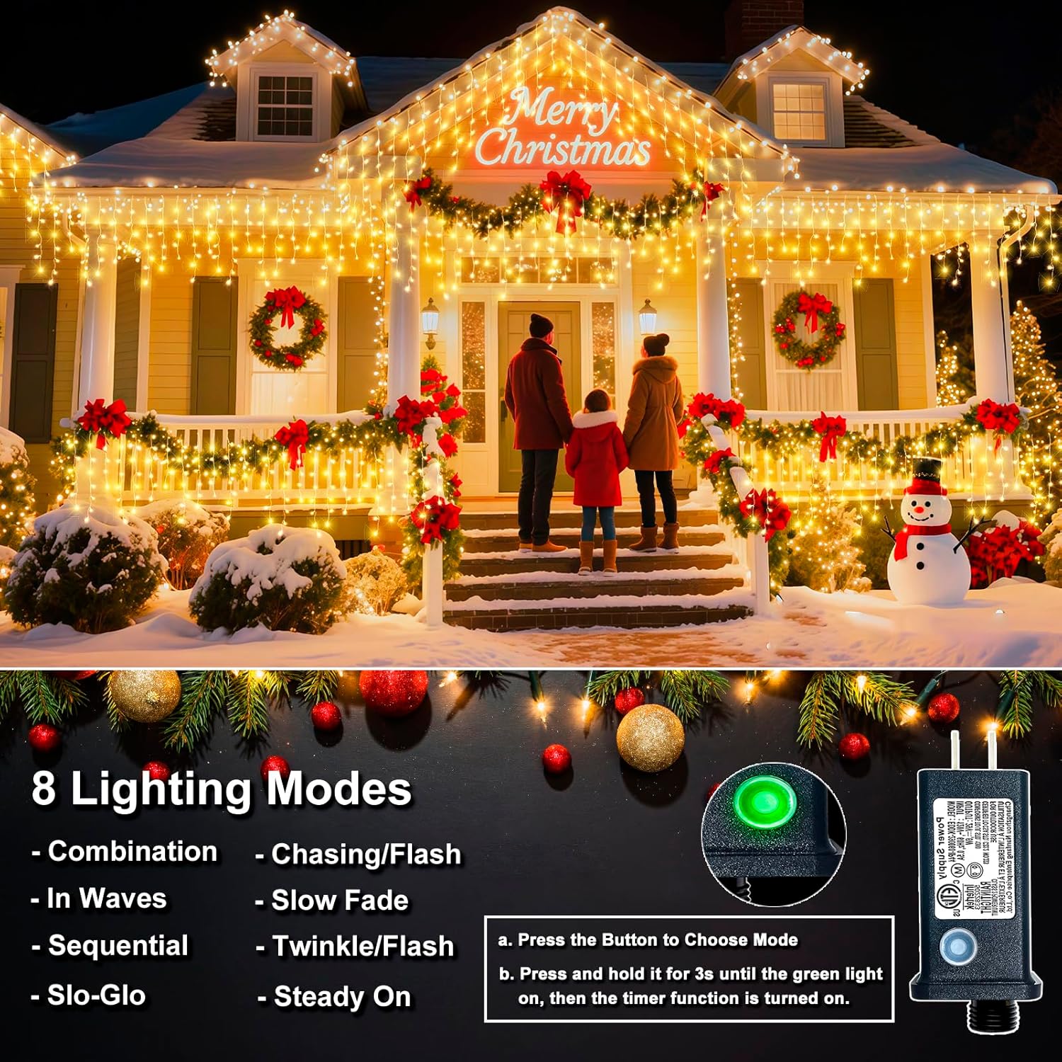 Icicle Lights For Outside, 33Ft 400 Led Icicle Christmas Lights Outdoor, Waterproof & 8 Modes & Timer, Plug In Twinkle String Light For Indoor Patio Party Wedding Xmas Holiday Decorations, Warm White