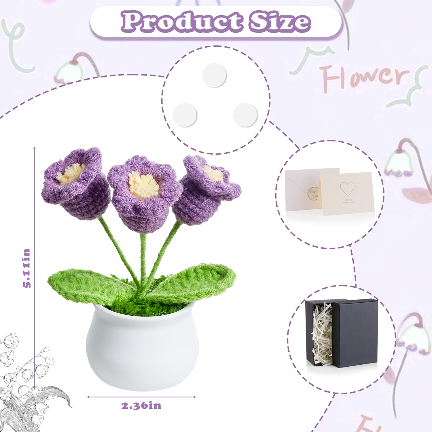 Crochet Flowers Potted Purple Small Handmade Knitted Flower Lilly Of The Valley For Desk Accessories, Graduation Appreciation Birthday Gifts For Women