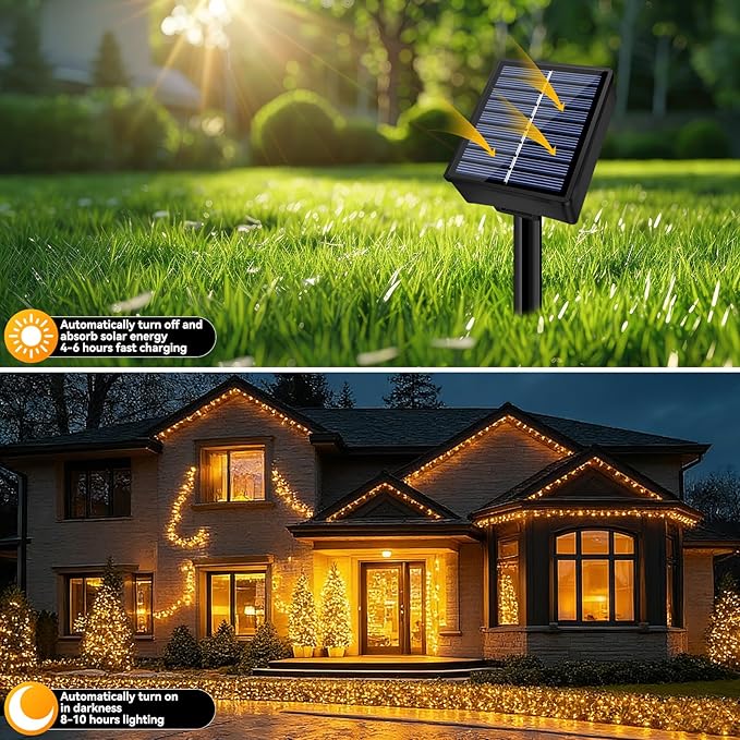 2 Pack Solar Fairy String Lights 66FT 200 LED Warm White Outdoor Waterproof Twinkle Lights with 8 Lighting Modes for Patio Garden Yard Wedding Party Tree Decor