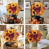 3Pcs Artificial Fall Flowers Faux Mums Sunflower Burgundy Fake Peony Silk Rose Hydrangea Flower For Diy Wedding Bridal Bouquet,Thanksgiving Party Table Centerpieces,Autumn Arrangement Vase Decoration