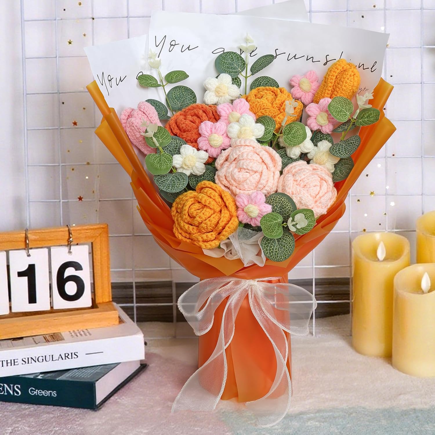 Crochet Flower Bouquet, Orange Hand Knitted Artificial Flowers With Crochet Tulip Rose For Valentine'S Day, Wedding, Anniversary, Birthday, Gift For Lover Girlfriend Wife Mother Women