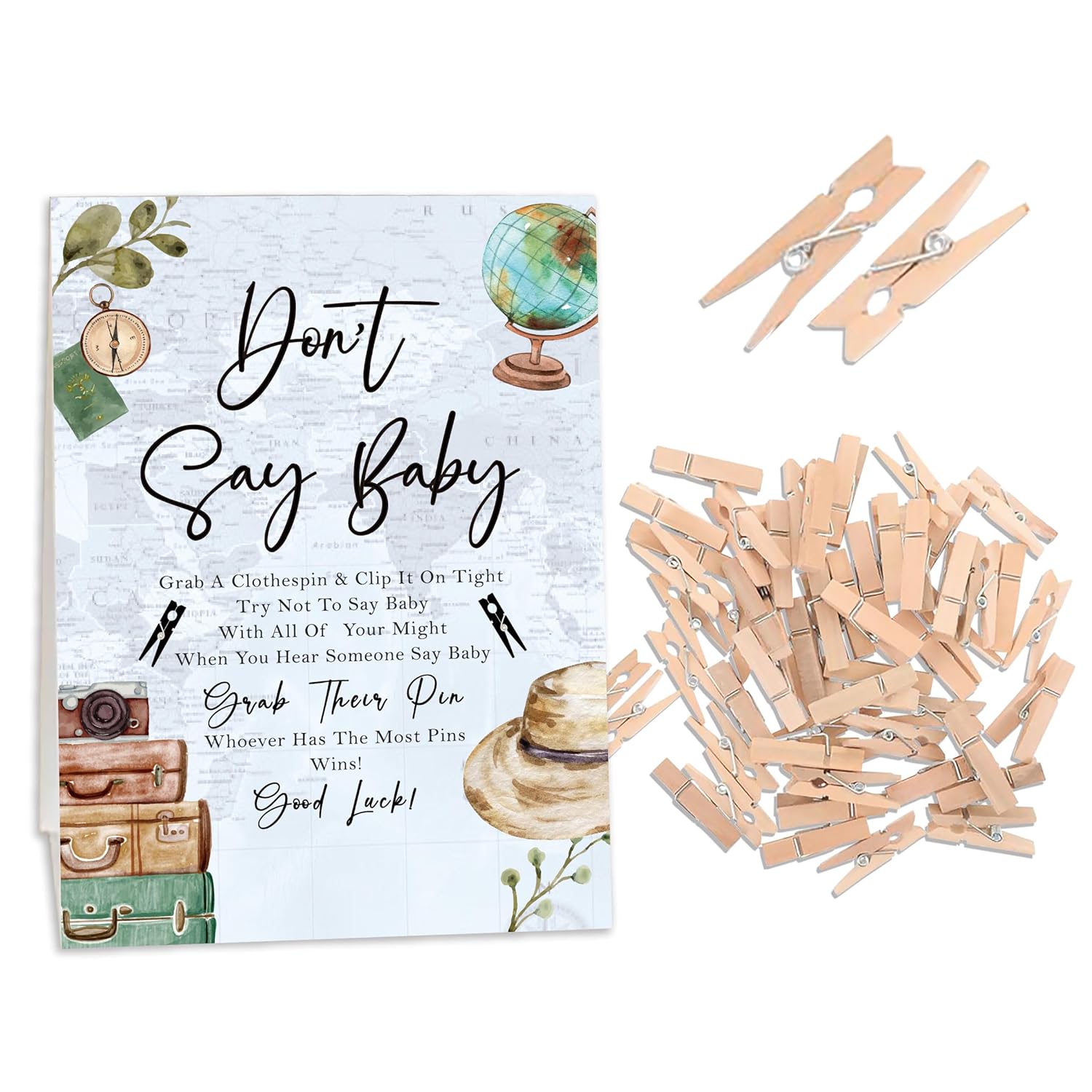 World Map Baby Shower Games, Don'T Say Baby Game For Baby Shower (One Sign With 50 Mini Clothespins), Travel Adventure Theme Baby Shower Decorations, Gender Reveal Game-Dsbb28