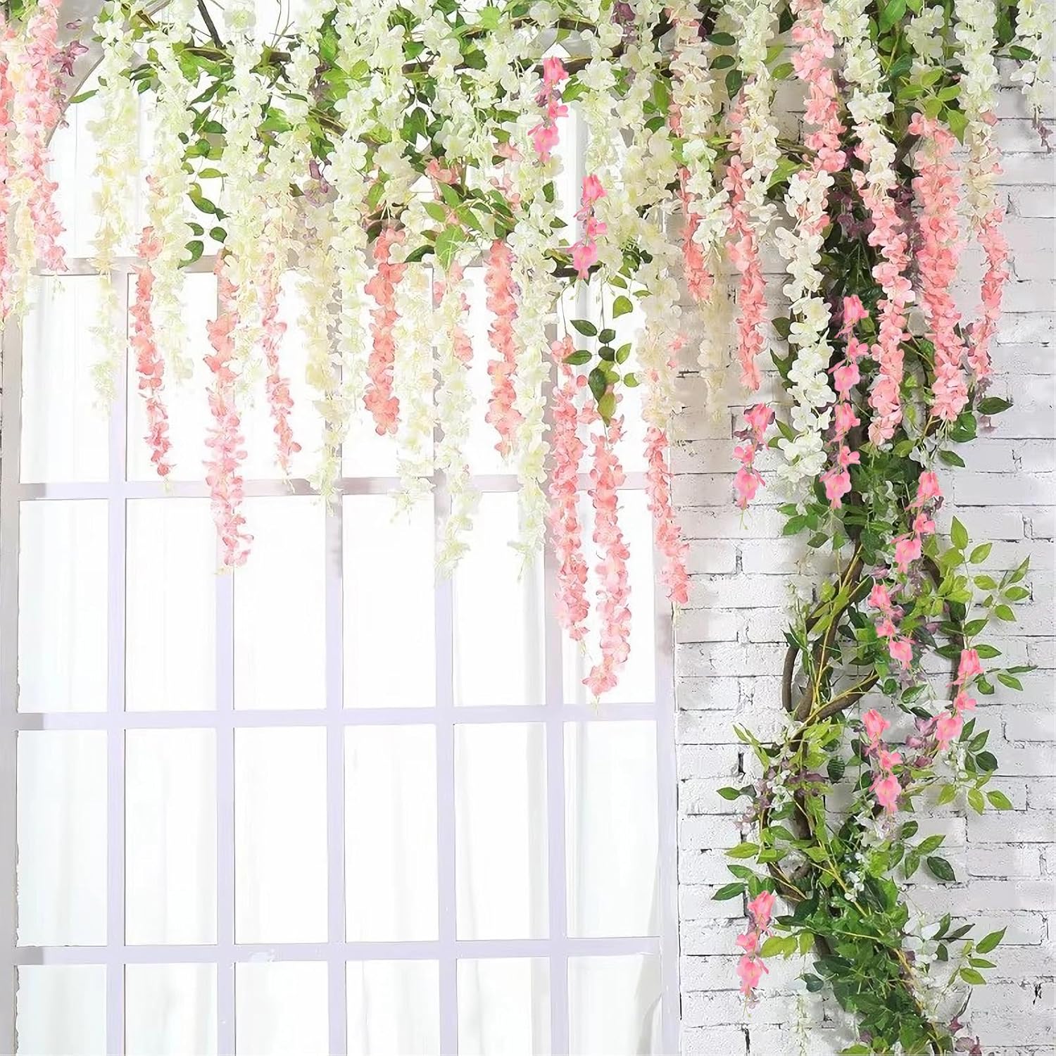 12Pcs Artificial Wisteria Hanging Flowers, 3.6Ft/Pcs White & Pink Fake Wisteria Garland For Wedding Party Home Garden Indoor Outdoor Decoration
