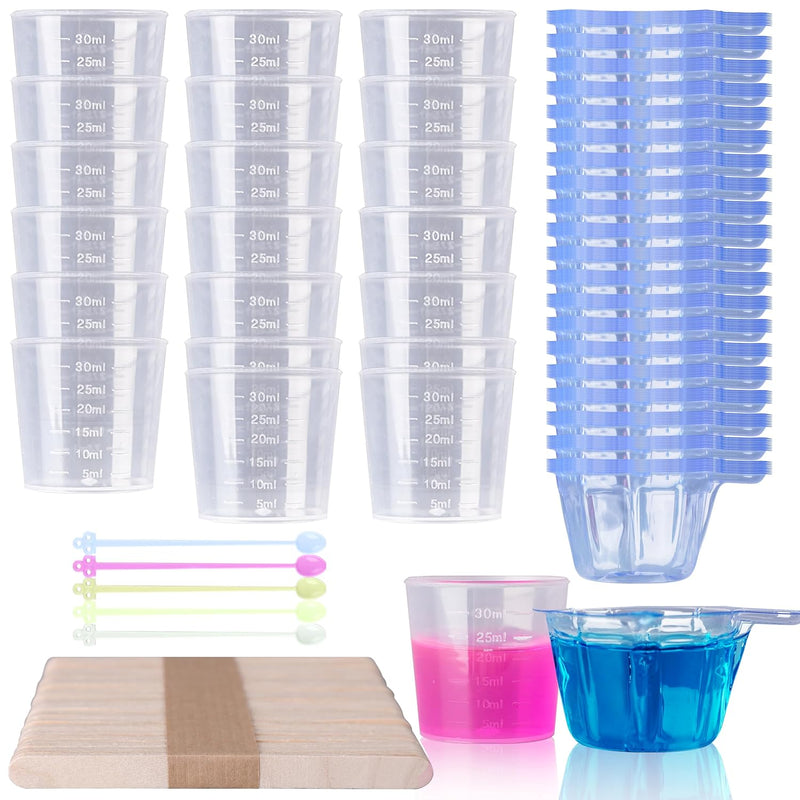 Epoxy Mixing Cups Kit,200Pcs, Plastic, 30Ml Disposable Measuring Cups,50 Wooden Stirring Sticks For Paint Mixing, Jewelry Making