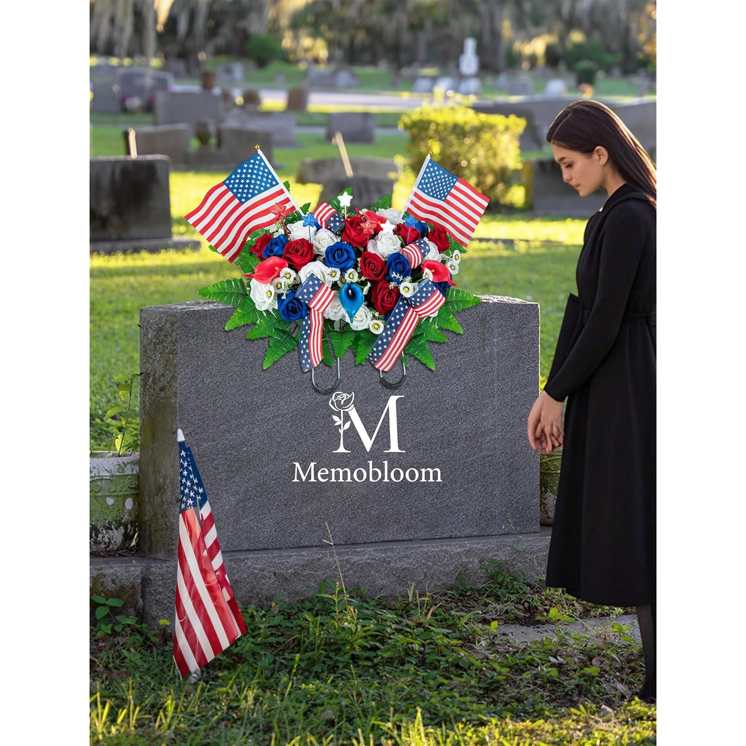 Memorial Day Decorations For Cemetery: Artificial Outdoor Grave Decorations Headstone Flower Saddle - Red White Blue Roses With Flags