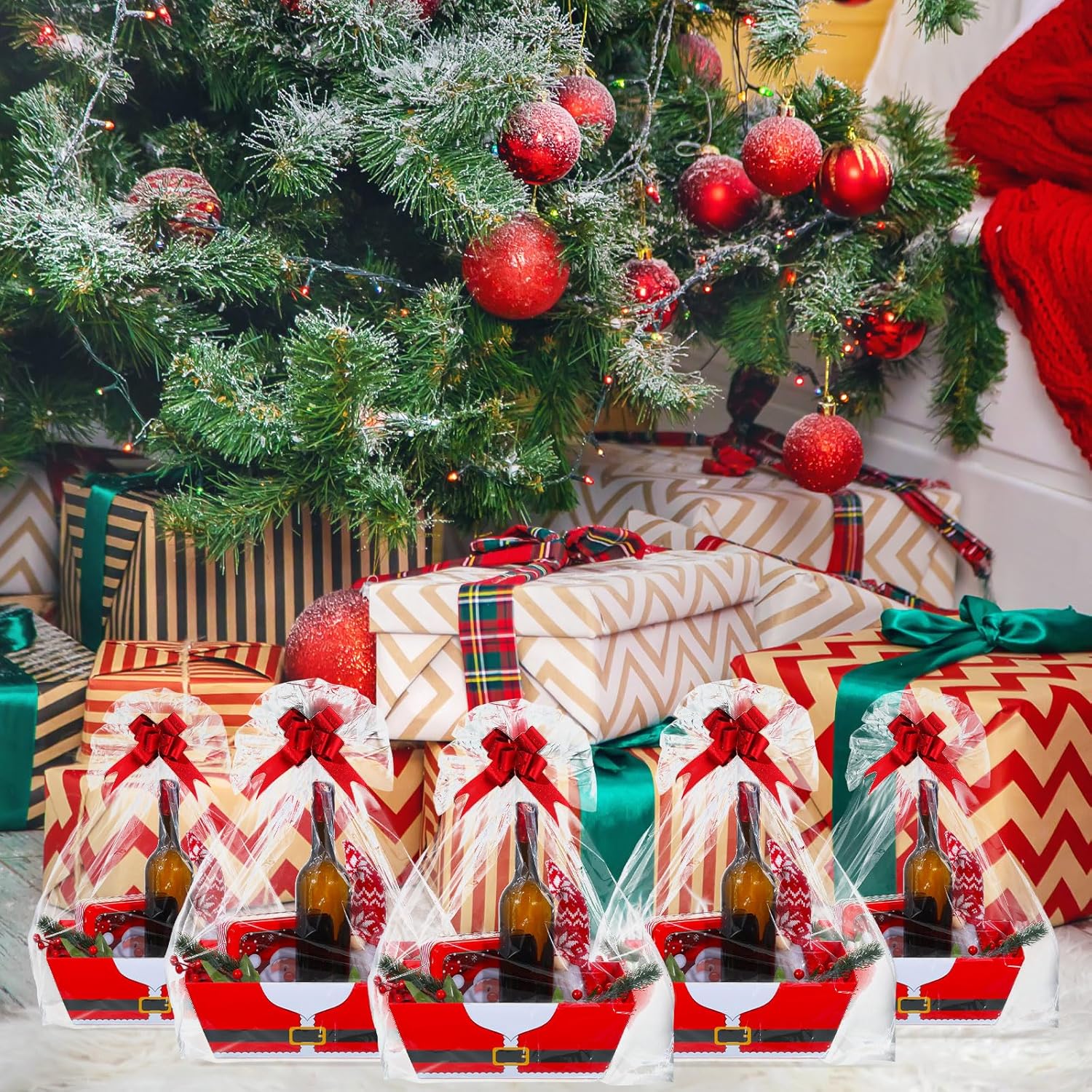 12 Pack 12X10X4 Christmas Gift Baskets Empty Bulk, Includes 12 Santa Cardboard Baskets With Handles, 12 Plastic Bags And 12 Bows, Cardboard Tray Large Gift Baskets Kit For Holiday