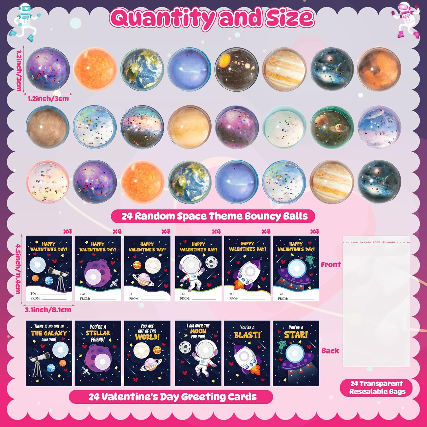 Valentine’S Day Space Exchange Gift - 24 Pack Galaxy Astronaut Greeting Card With Space Bounce Ball And Bag Bulk For Kid, Planet Galaxy Fidget Toy For Valentine Goodie Bag Stuffers Party Favor