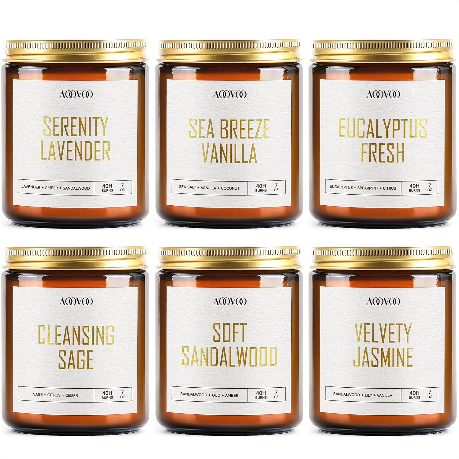 Candles Set - 6Pc Scented Candles, Soy Candle, Aromatherapy Candle, Soy Wax Candle, Candle For Home Scented, Lavender/Vanilla/Eucalyptus/Sage/Jasmine/Sandalwood