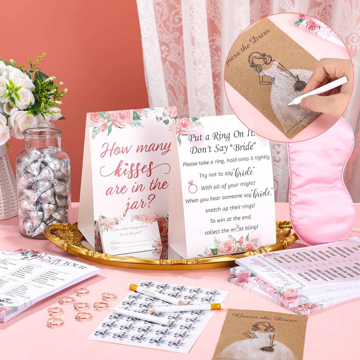 9 Sets Wedding Bridal Shower Games For 50 Guests - Put A Ring, Would She Rather, Guess The Dress, How Many, Guess Sex, Pin The Ring, Wishes