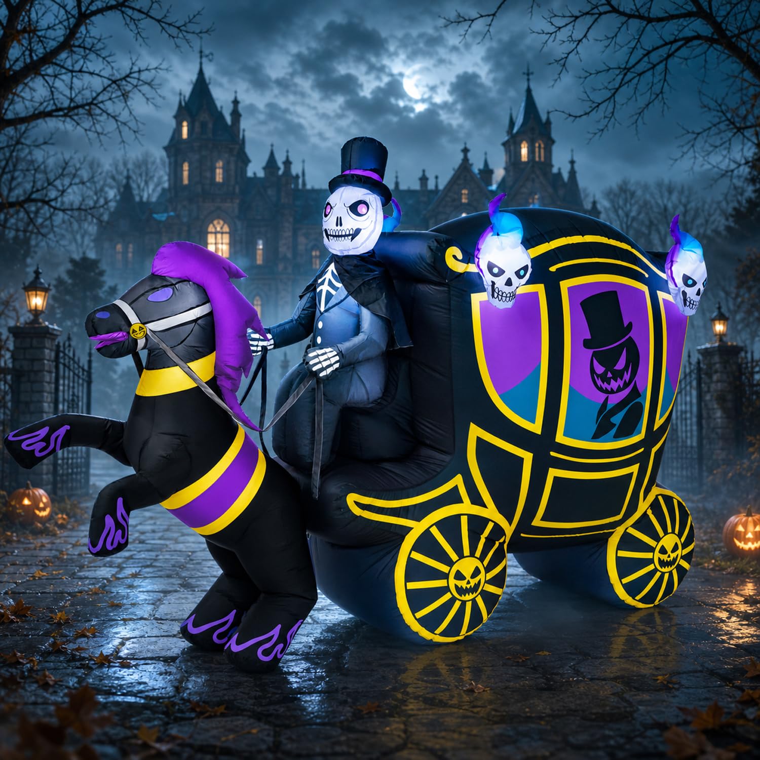 10FT Long Halloween Inflatable Decorations Outdoor Skeleton Carriage & Horse with Bright Built-in LEDs, Giant Halloween Blow Up Yard Decoration Large Blowups with Creepy Spooky for Lawn Party