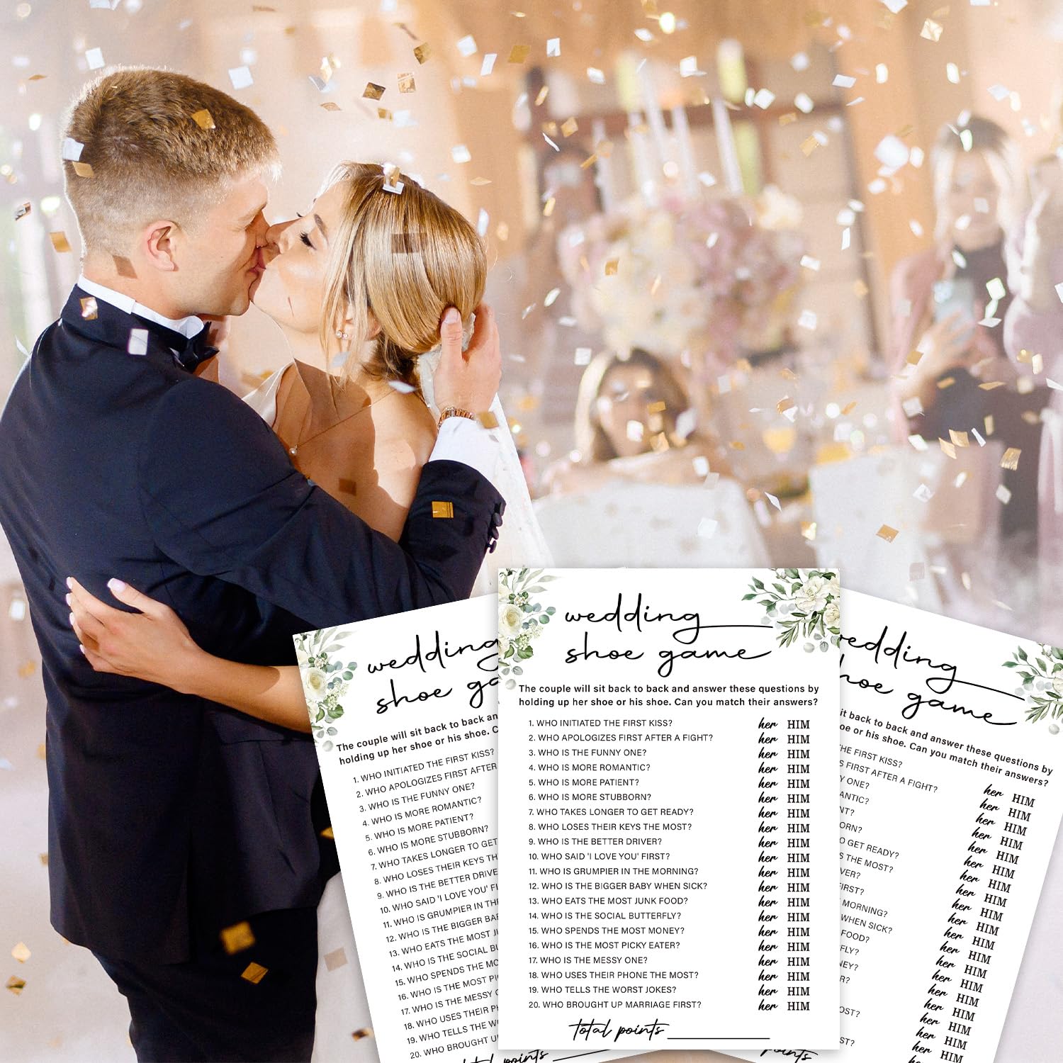 Eucalyptus Bridal Shower Games 30 Guests, Wedding Shoe Bridal Games For Showers, White Rose Wedding Engagement Party Activity Party Supplies/Green-07