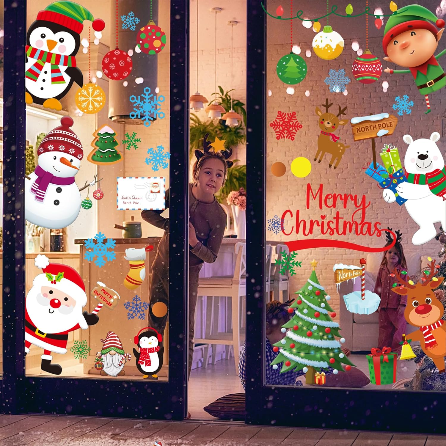 Christmas Wall Decals Stickers 142Pcs Removable Merry Christmas Wall Decorations Xmas Bathroom Fireplace Decor Santa Claus Snowman Reindeer Door Decal Indoor
