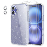 iPhone 16 Glitter Case, 2 Screen & Camera Protectors, Bling Clear Bumper