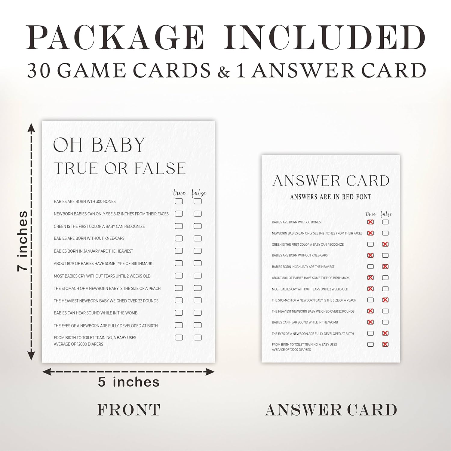 Oh Baby! True Or False Game Kits For Baby Shower - Minimalism Pearl White - 30 Fill In The Blank Game Cards With 1 Answer Card Each Set, Gender Reveal, Gender Neutral?Party Favor & Supplies - A04