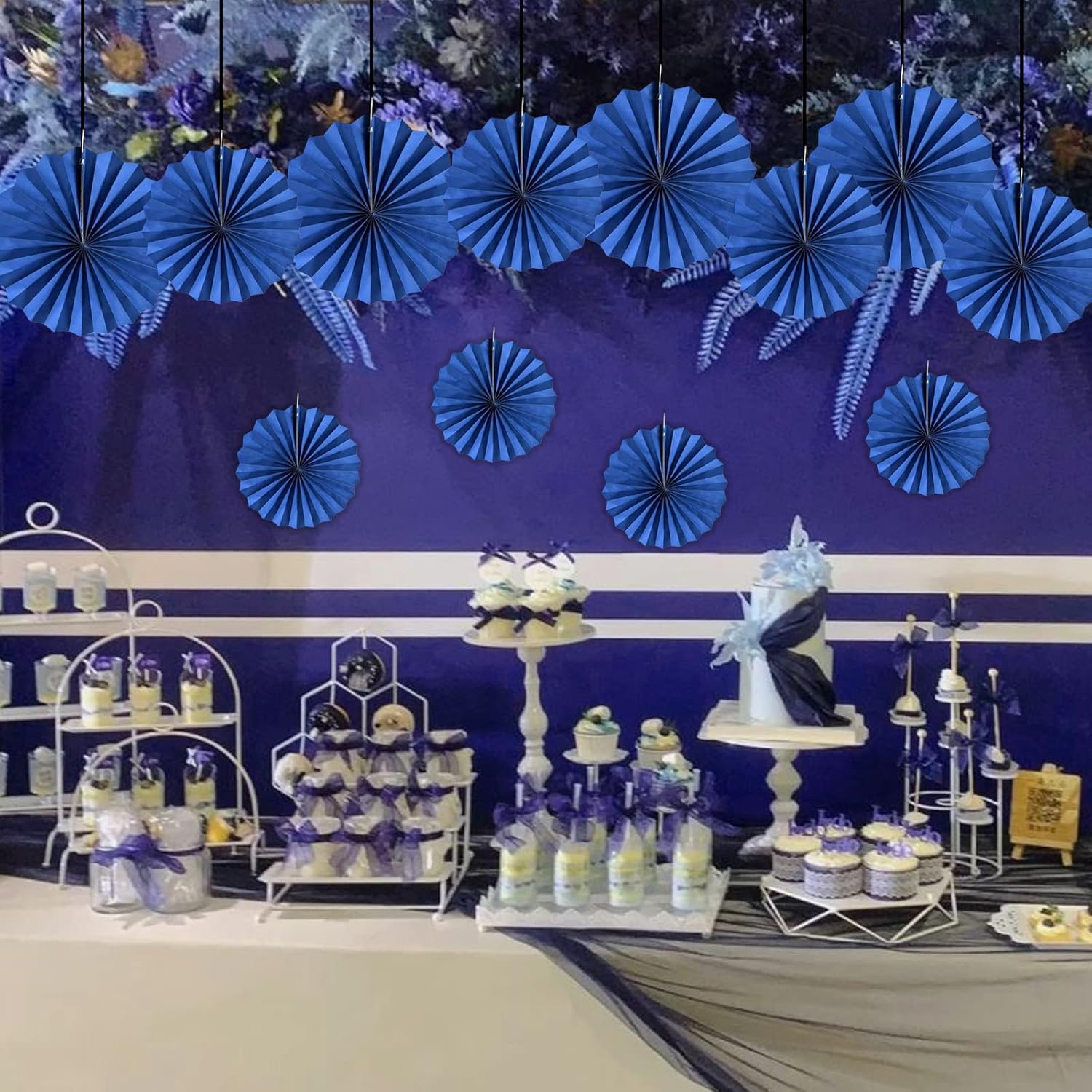 Blue Party Hanging Fans Diy Set - 12Pcs Paper Fans, Pinwheels, Craft For Wedding, Birthday, Christmas Party Decoration