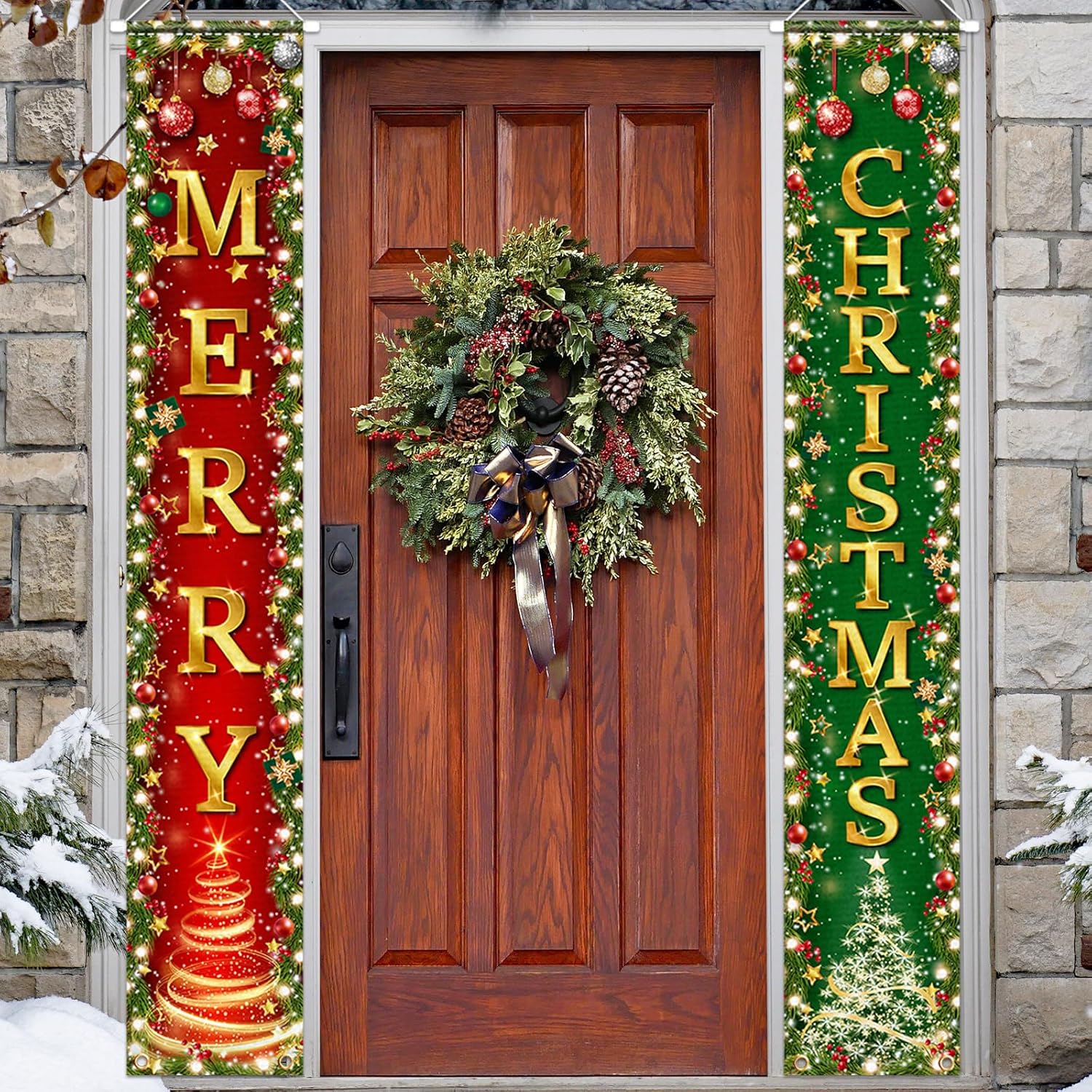 Christmas Decorations - Merry Christmas Door Banner Winter Xmas Front Door Porch Sign Red And Green Xmas Hanging Door Banner For Winter Holiday,Christmas Party Supplies