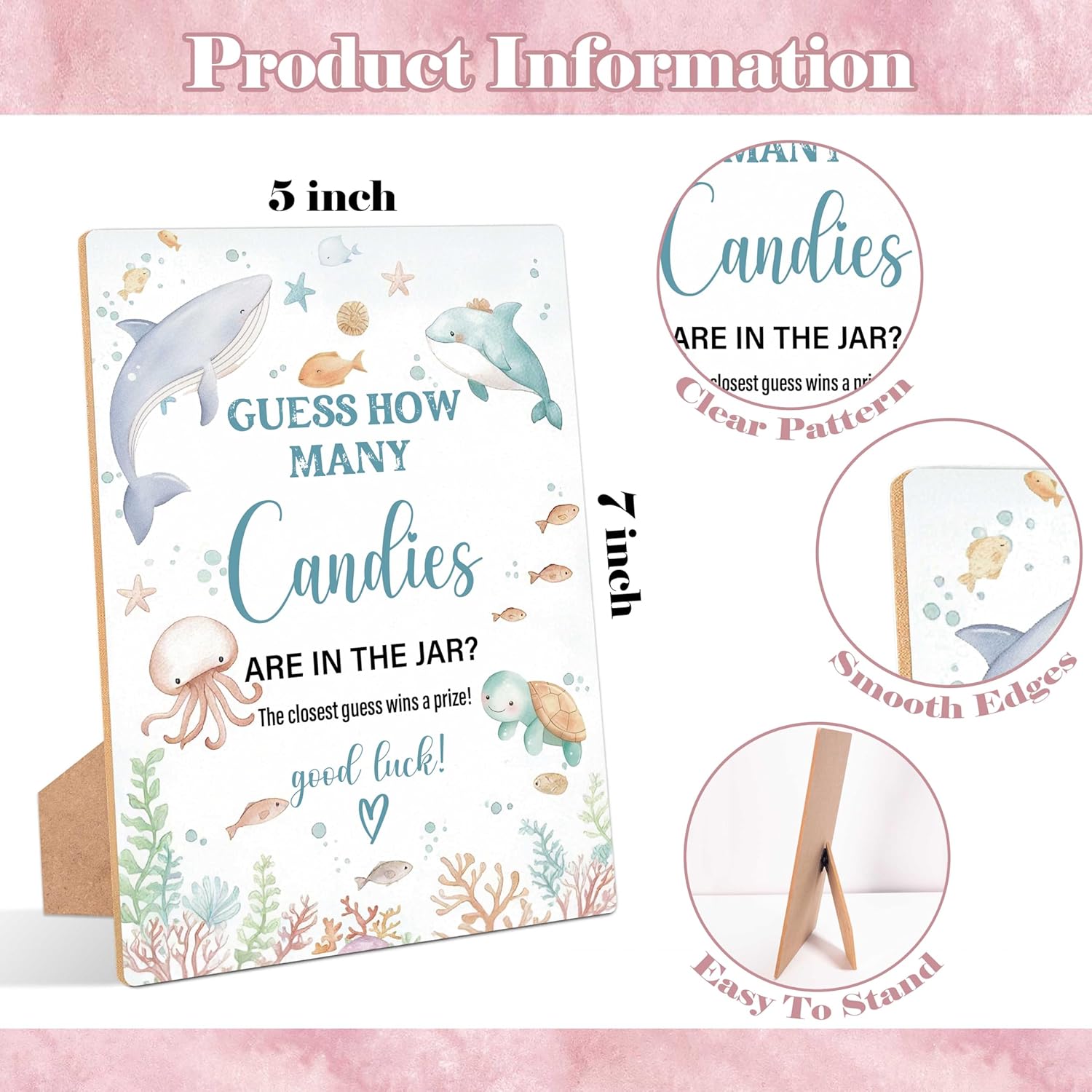 Under The Sea Guess How Many Candies Are In The Jar Game, Pack Of 1 Wooden Tabletop Sign With Stand And 50 Guessing Cards, Sea Creatures Ocean Baby Shower Game, Gender Reveal Party Decorations - Wv14