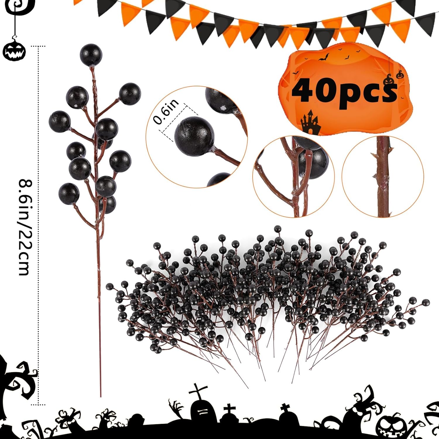 40 Pcs Artificial Berry Stems Branches, Halloween Black Faux Holly Berries Picks Ornaments For Christmas Tree Wreath Diy Craft Decorations Holiday Home Decor (40, Black)