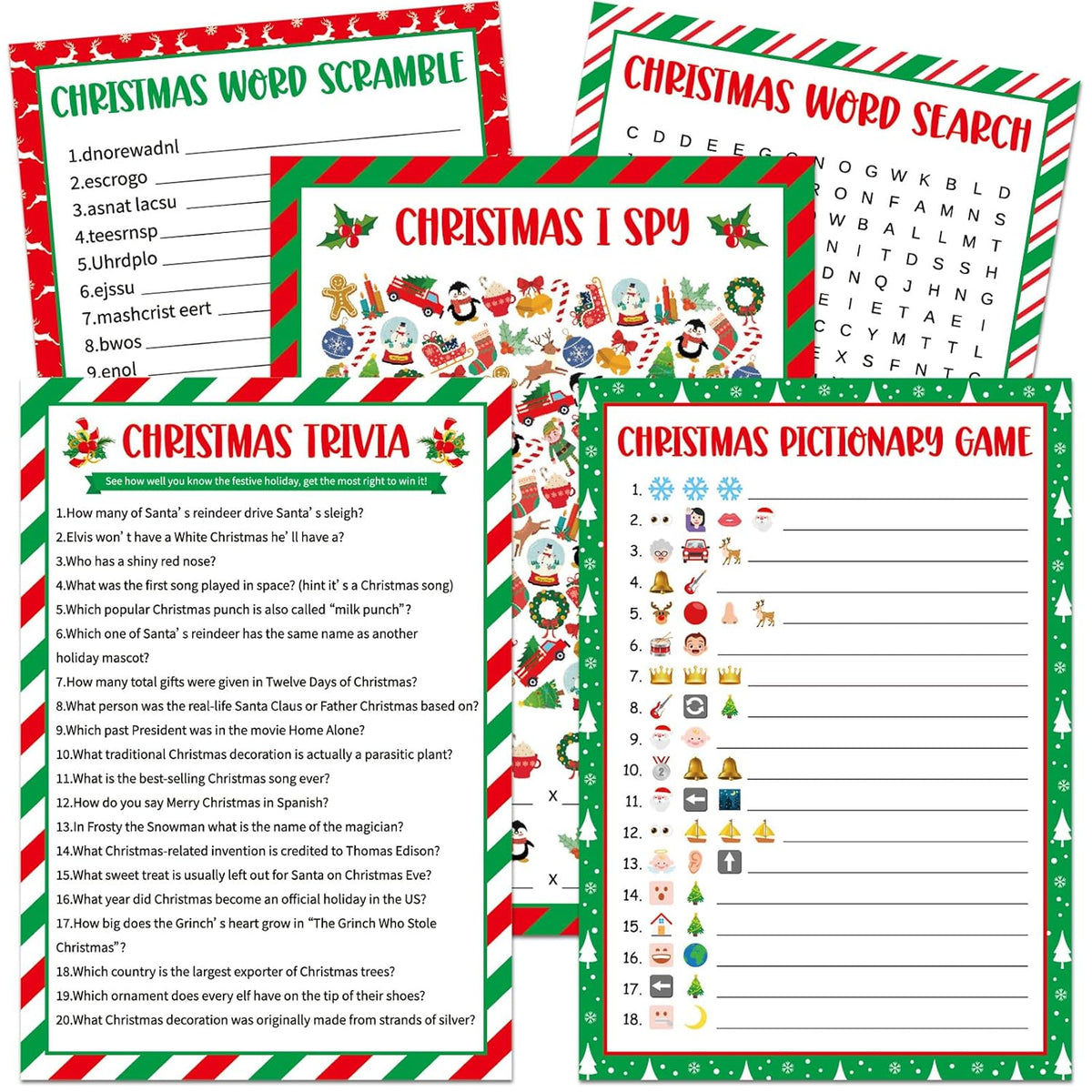 130Pcs Christmas Party Games Cards Set Xmas Trivia Pictionary Word Search Scramble Christmas I Spy Games Fun Holiday Activity For Family Friend Group Winter Xmas Holiday Party Supplies (Classic)