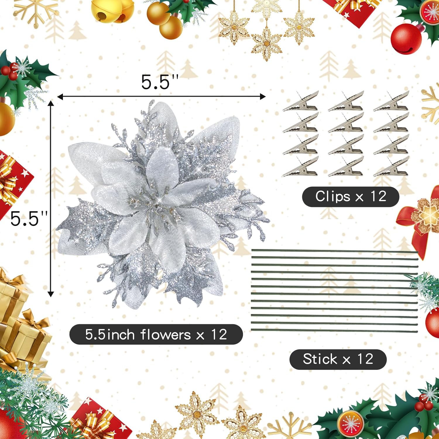 12 Pcs Poinsettias Artificial Christmas Flowers 5.5" Silver Glitter Poinsettias Christmas Decorations Xmas Tree Ornaments With Clips And Sticks