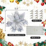 12 Pcs Poinsettias Artificial Christmas Flowers 5.5" Silver Glitter Poinsettias Christmas Decorations Xmas Tree Ornaments With Clips And Sticks