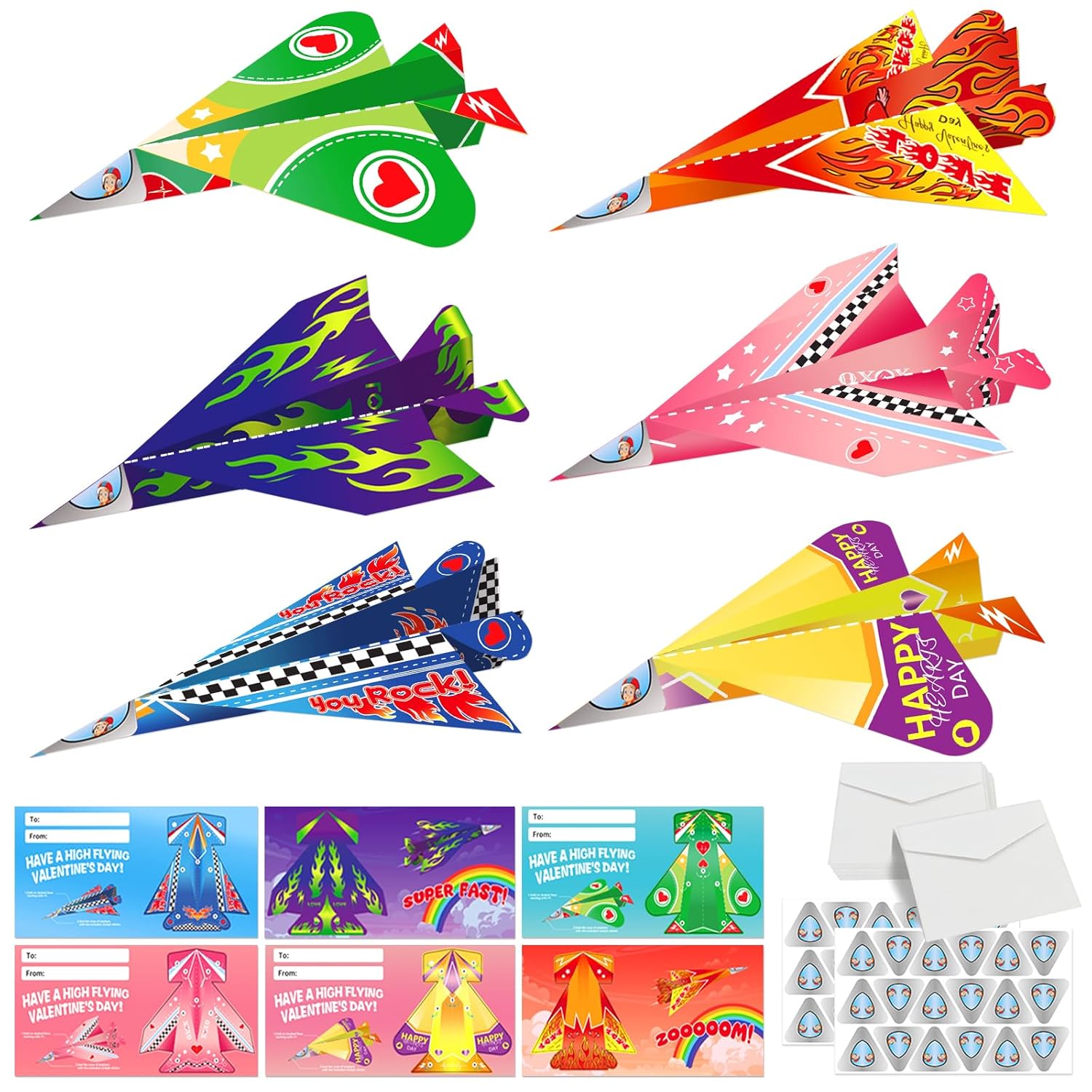 30Pcs Valentines Day Cards With Envelopes, Colorful Paper Airplane Gift Cards For Valentine’S Day, Origami Flying Airplane Greeting Cards For School Classroom Exchange Activity