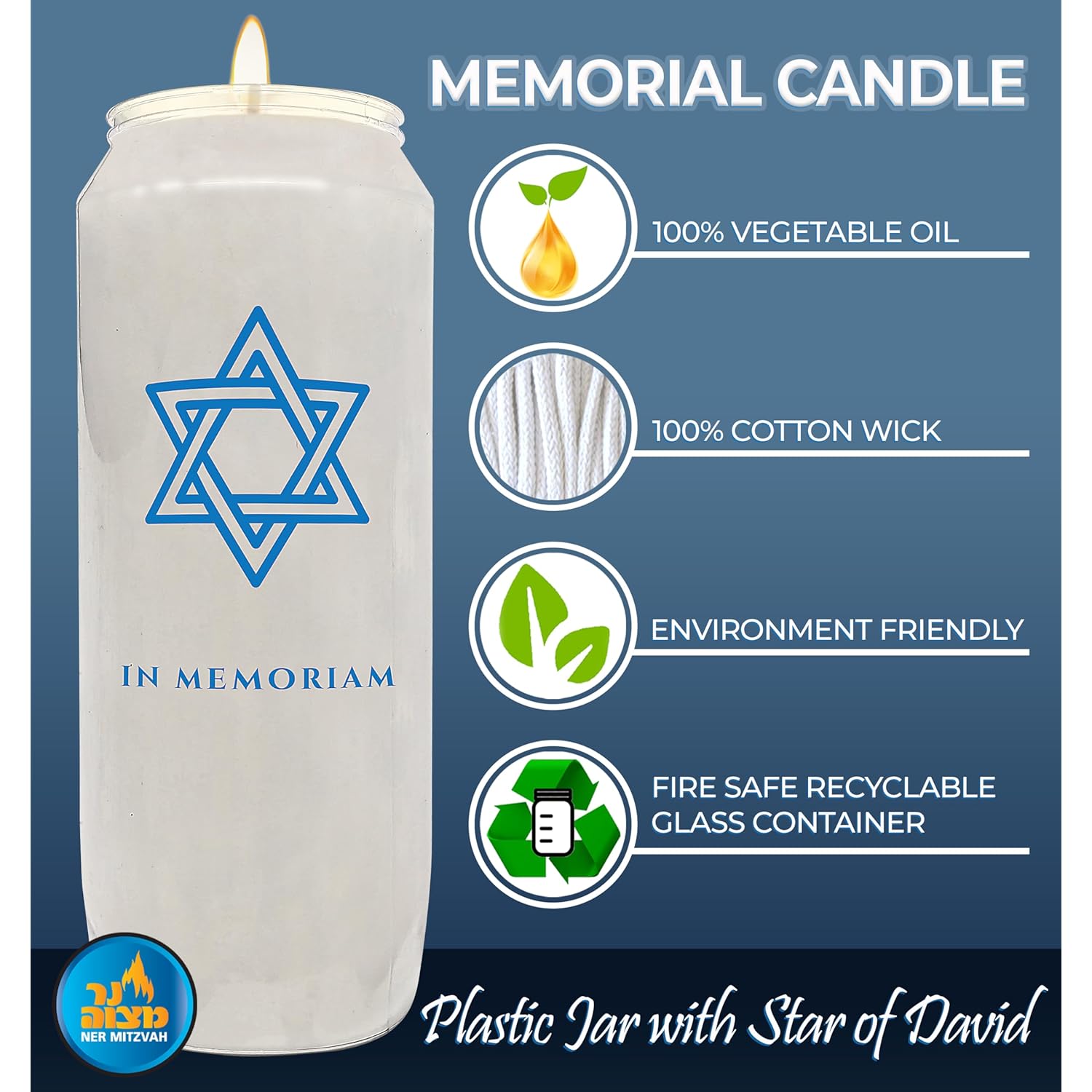 Ner Mitzvah Yahrzeit Memorial Candles, 9 Day Burn Time (Pack of 3)