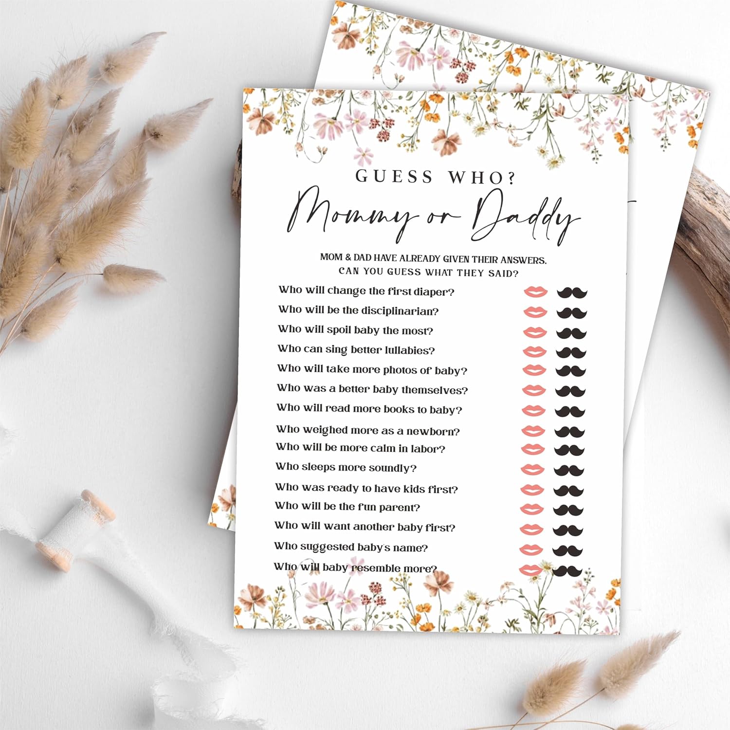 Baby Shower Game Cards, 30 Floral Theme Double-Sided Game Cards For Baby Announcement, Guess Who Mommy Or Daddy Game Cards, Spring Flower, Gender Reveal Party Favor, Activity - C06