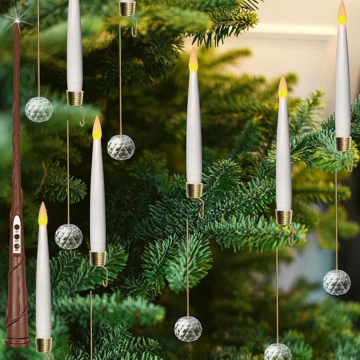 10 Pcs Christmas Tree Candles With Crystal Drops, Wand Remote With Timer, Battery Operated Flameless Taper Window Candle, Flickering Warm Light, Xmas Home Ornaments, Wedding Party Décor