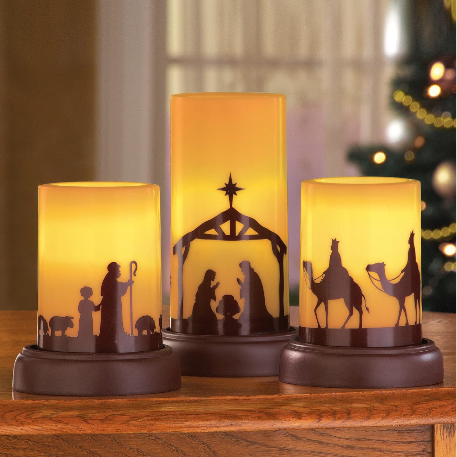 Led Flameless Christmas Nativity Scene Candles, Holiday Home Decor Accents - Set Of 3