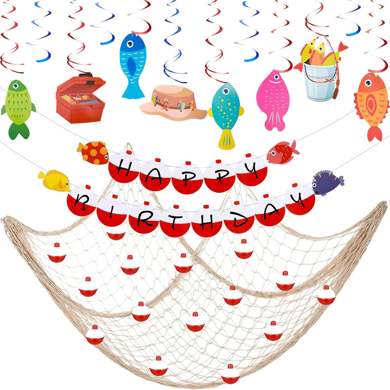 8 Gone Fishing Party Hanging Swirl, Happy Birthday Bobber Photo Banner