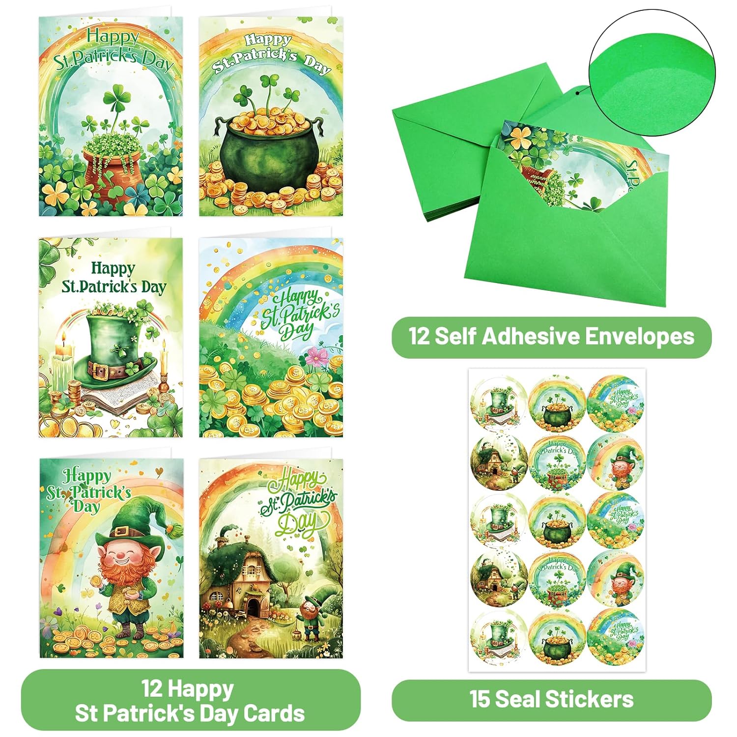 St. Patrick’S Day Cards Green Irish Shamrock Greeting Card Rainbow Leprechaun Gold Coin Notes Card For Holiday Supplies Party Favors 12Pcs