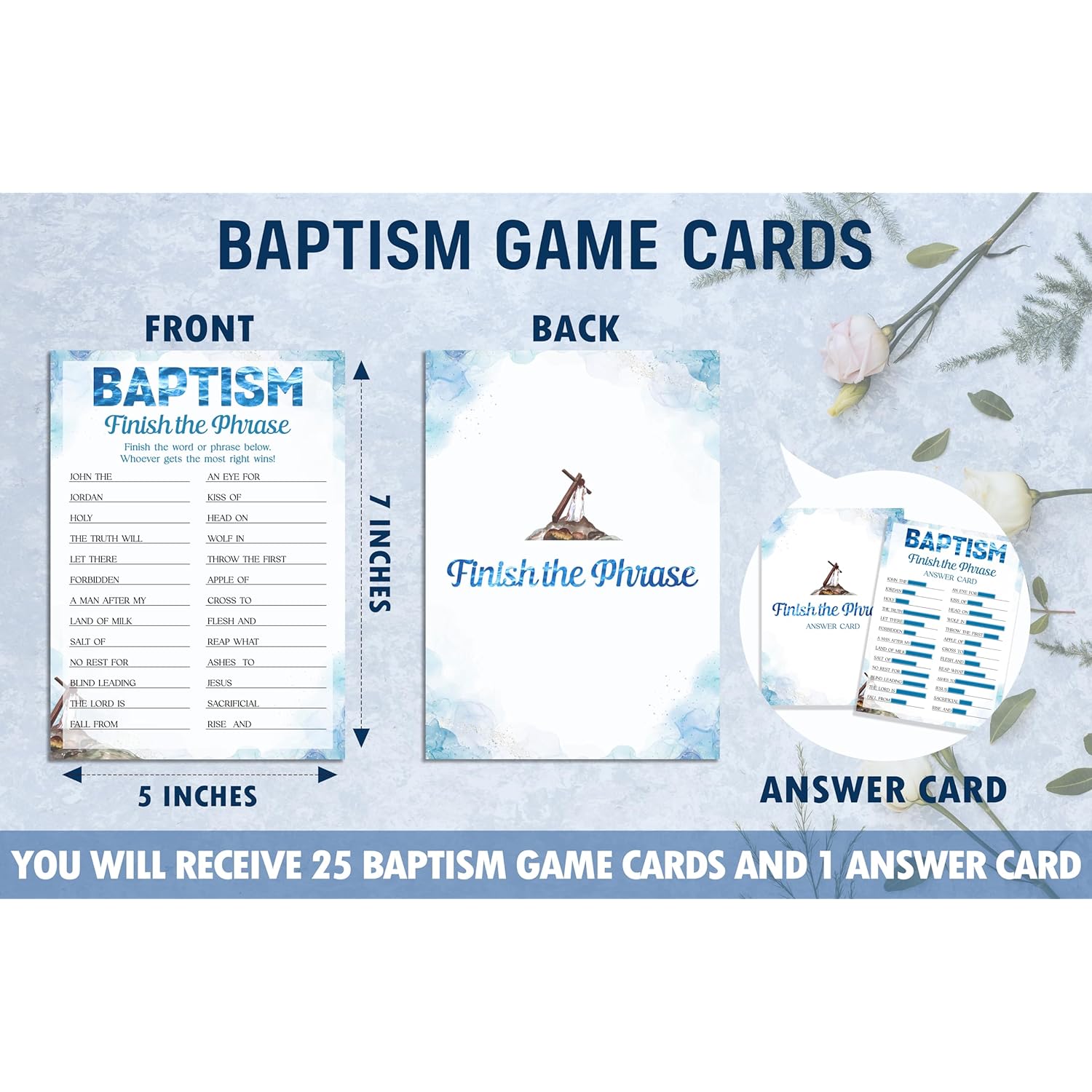 Baptism Game Cards, Christening Games Card, Bible Games, Church Finish The Phrase Game Set, 25 Game Cards For Christian Baptism First Holy Communion Baby Shower, 02