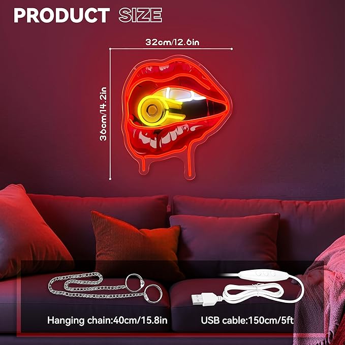 Red Lips Neon Sign Dimmable LED Wall Light Acrylic Lip Decor for Bedroom Bar Club Party
