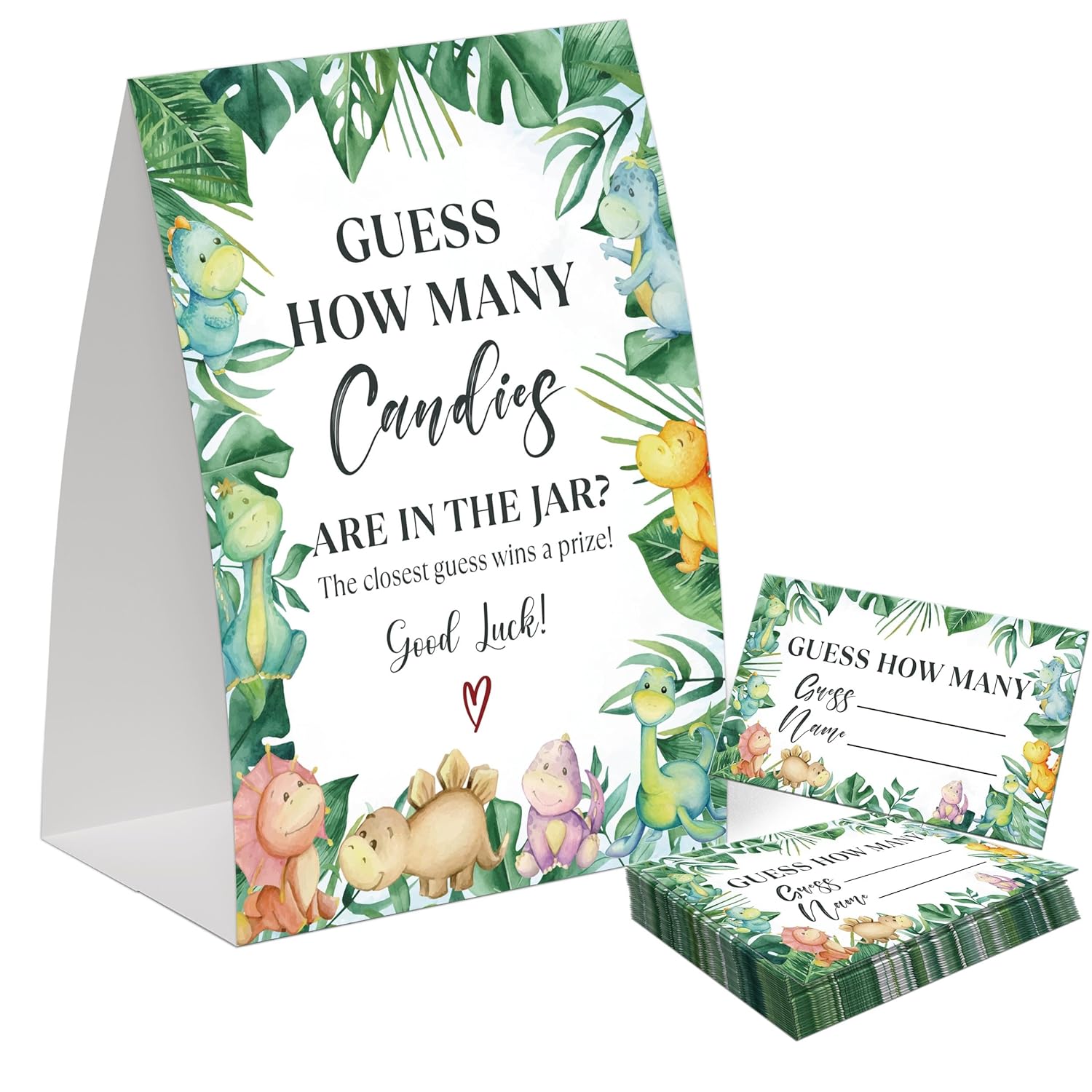 Dinosaur Guess How Many Candies Are In The Jar Game For Baby Shower, Pack Of One 5X7 Sign And 50 Guessing Cards, Greenery Baby Shower Decoration, Gender Neutral Party Supplies - Gc07