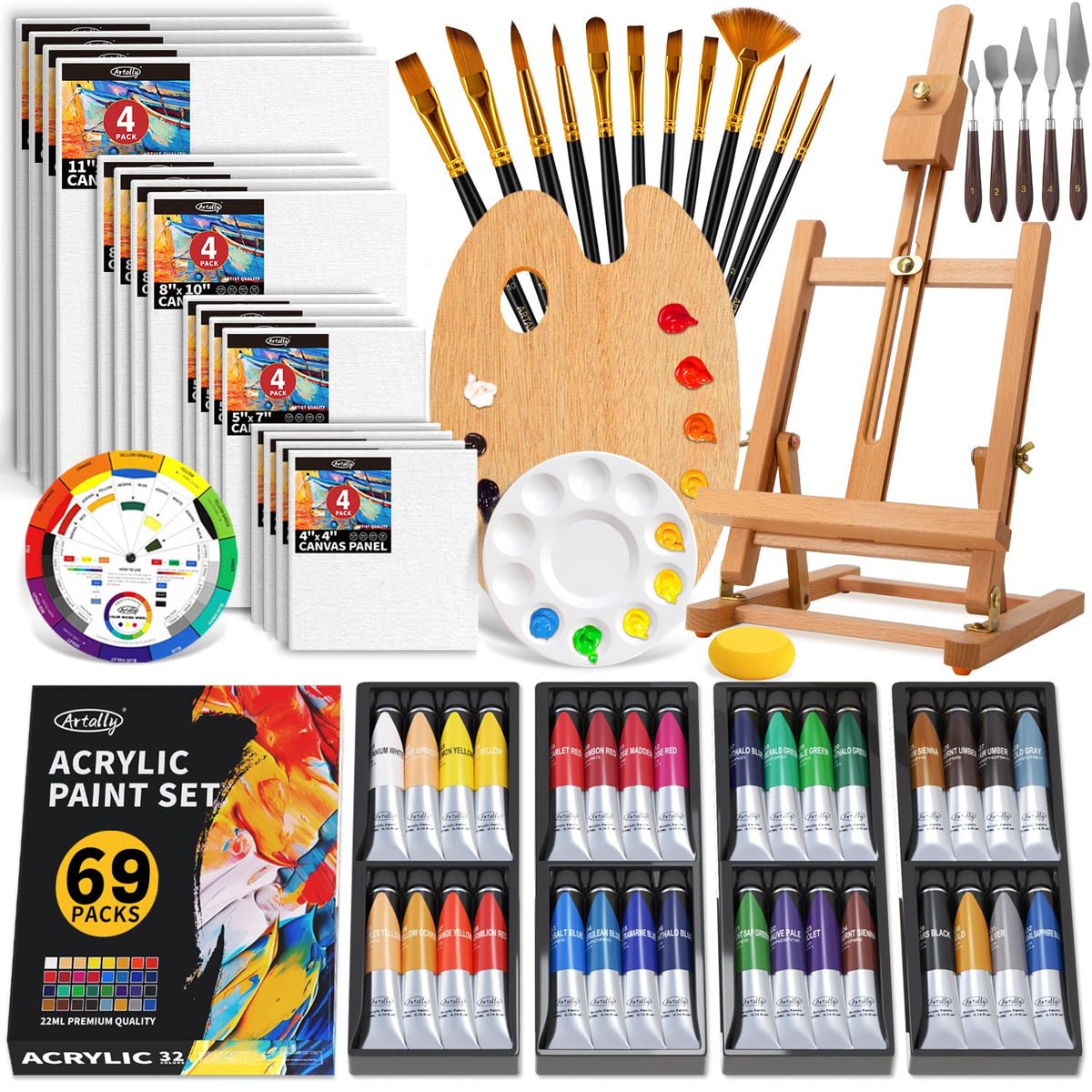 Acrylic Paint Set For Adults & Kids, 69 Pcs Canvas Painting Kits, 32 Colors Acrylic Paint (22Ml),Table Easel,Brushes,Canvas, Art Painting Supplies Kit For Students,Artists,Beginners
