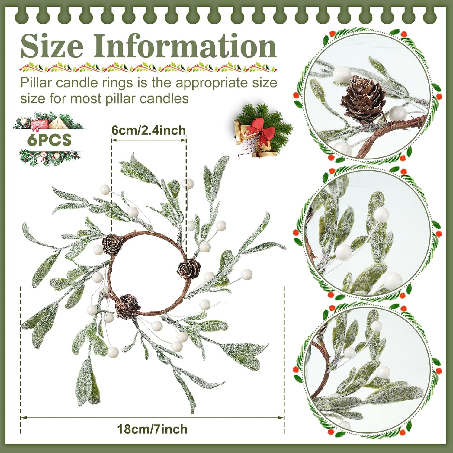 6 Pieces Christmas Pillar Candle Rings Frosted Mistletoe Wreaths With Pearl Accents Artificial Wreath Holiday Candle Rings For Holiday Parties And Home Decor
