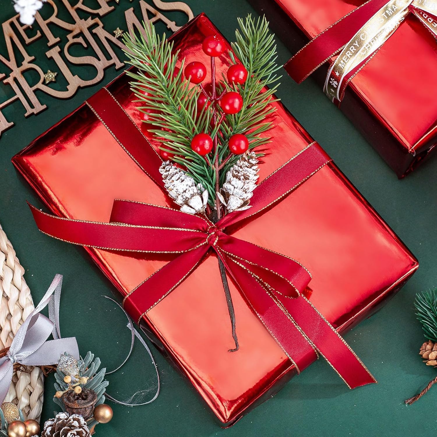 Red Wrapping Paper Roll - 17 In X 16.4 Ft(23.3 Sq.Ft.) Metallic Red Solid Color Gift Wrap With Grid Cutting Lines For Christmas, Birthday, Wedding, Bridal Shower, Mothers Day, Valentines Day