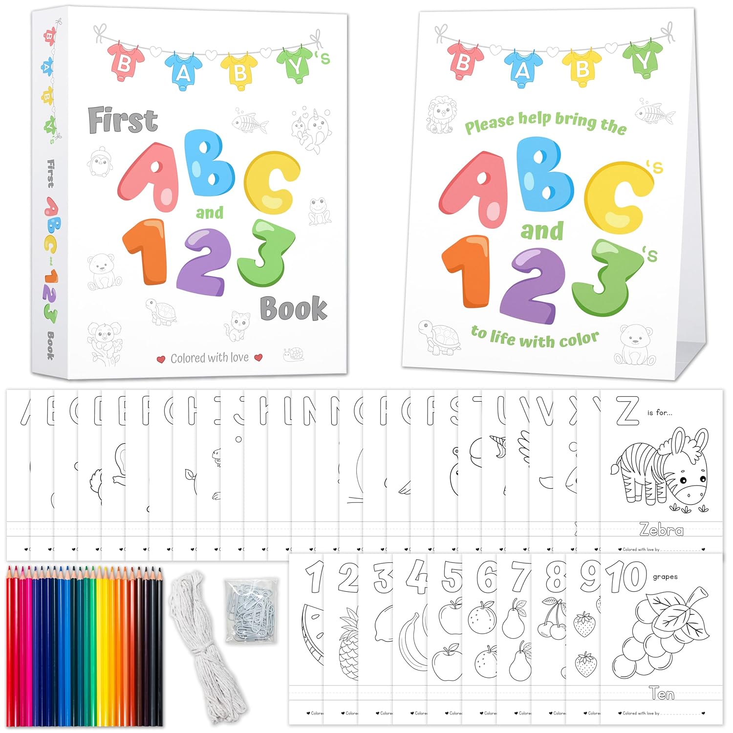 Baby'S First Abc & 123 Book Baby Shower Activity, Guest Book Alternative With Alphabet Coloring Pages, Educational Keepsake & Activities For Guests - Baby Shower Games Craft Kit