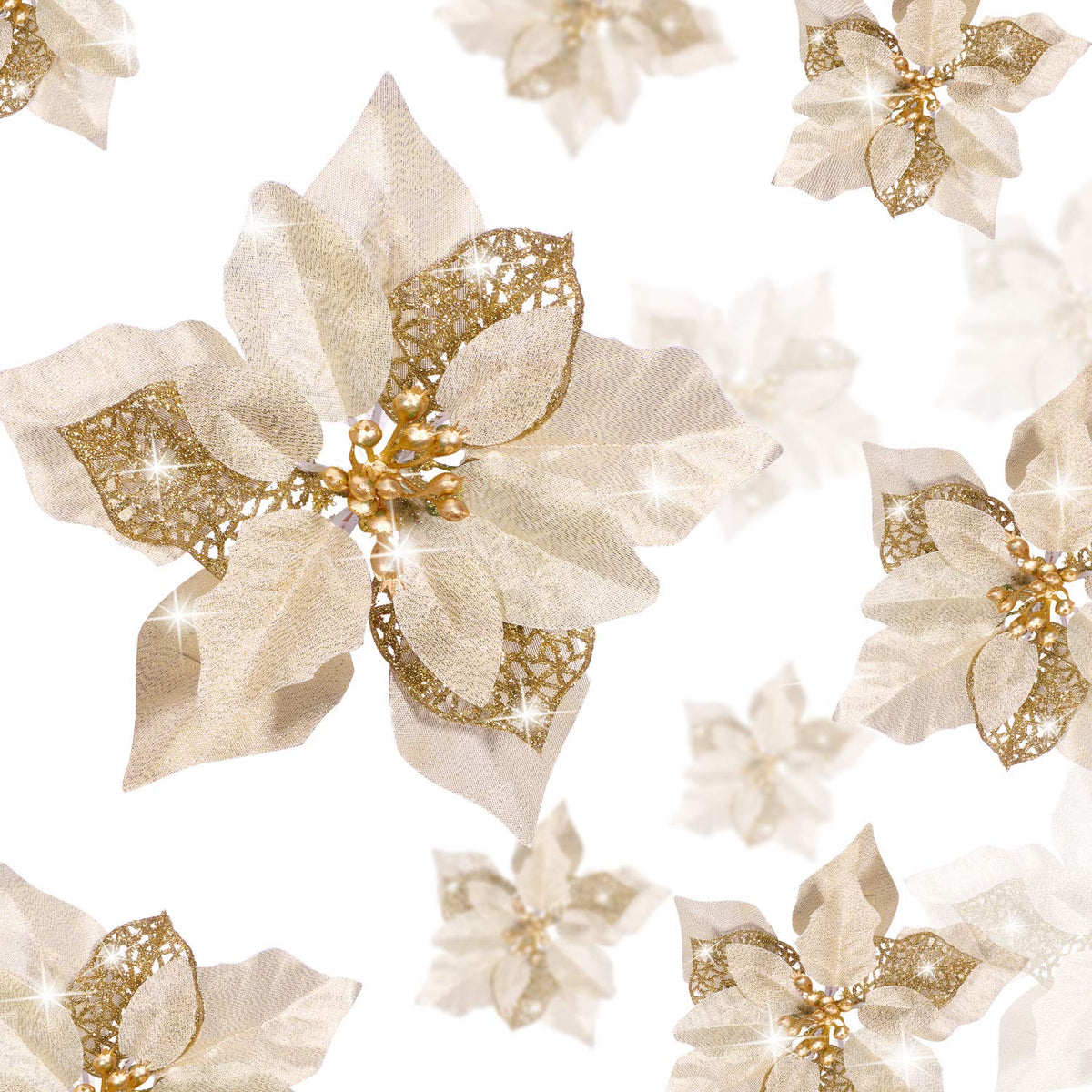 36 Pieces Christmas Poinsettia Glitter Faux Flowers Christmas Artificial Flowers Tree Ornaments Topper Xmas Decorations(Gold)