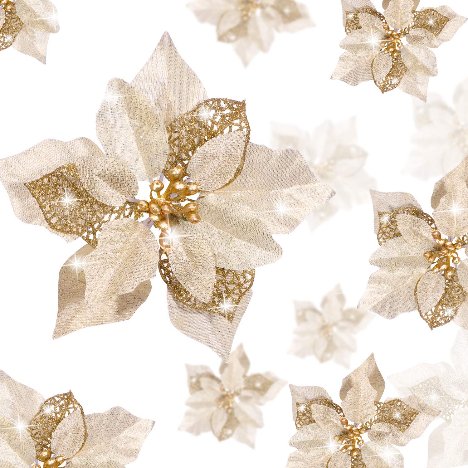 24 Pieces Christmas Artificial Glitter Poinsettia Flowers Xmas Flowers Wedding Christmas Tree New Year Ornaments(Gold)