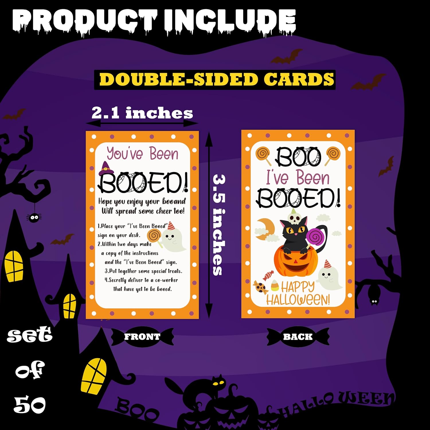 50 Pcs Halloween Game Cards, You'Ve Been Booed Boo Basket Stuffers For Friends Family, Black Cat Pumpkin Ghost Spooky Card For Him Or Her, Boo Greeting Cards, Happy Halloween Party Supplies -02
