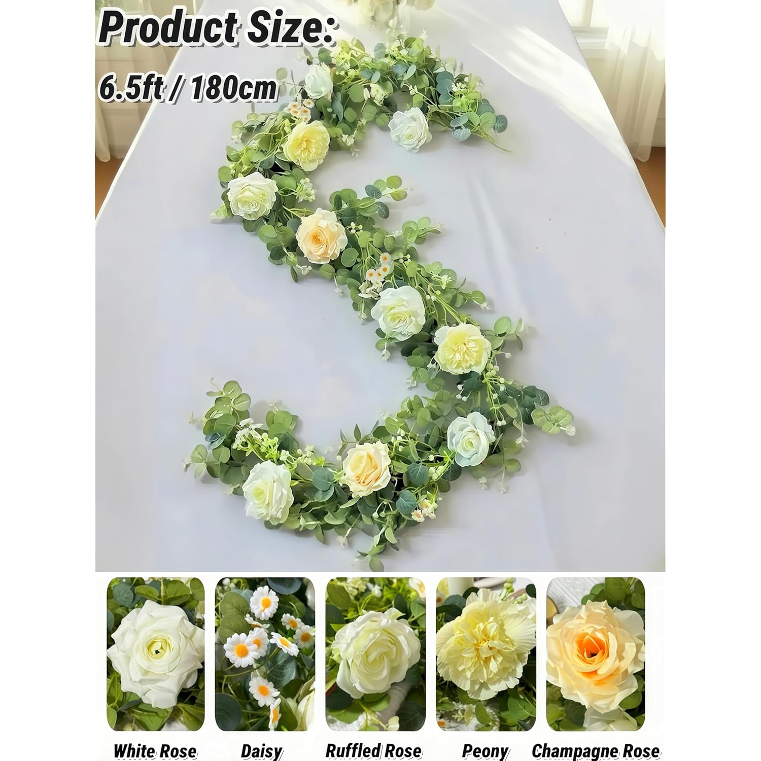 Artificial Eucalyptus Garland (Roses, Peonies, Daisies); Artificial Flower Garland For Weddings, Parties, Backdrops. Artificial Rose Vine For Home Decor, Table Decor, Door & Hanging Decor.