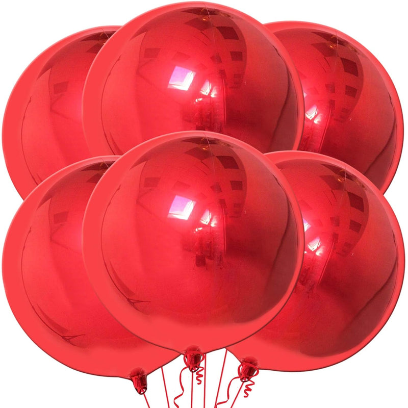 Big, 22 Inch Red Metallic Balloons - Pack Of 6 | Round Sphere, 360 Deg