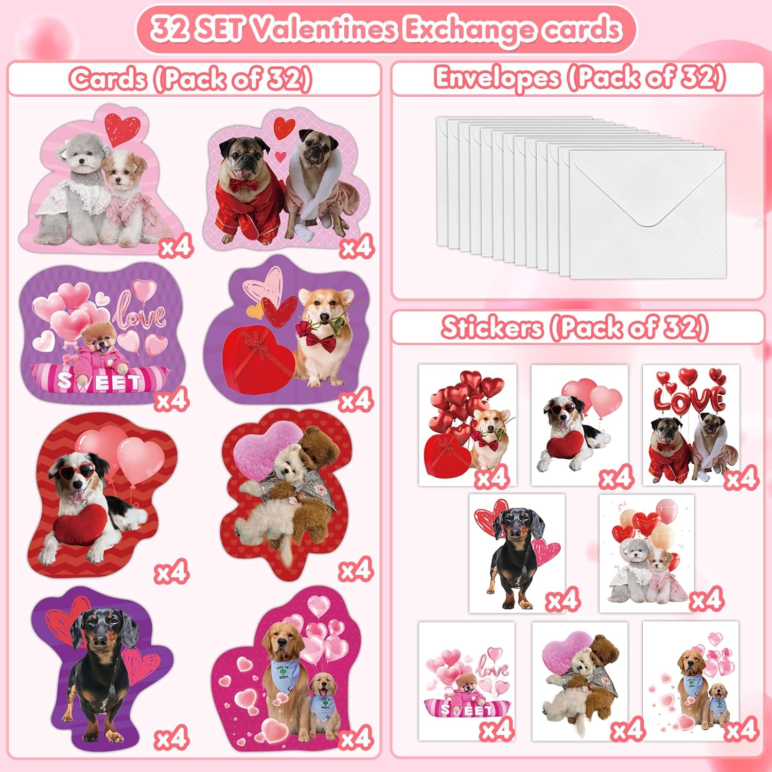 32 Pack Valentines Card For Kids Classroom, Pet Dogs Valentines Cards With Tattoos Envelopes, Happy Valentine Cards For Kids School, Party Exchange Favors Gifts For Boys Girls