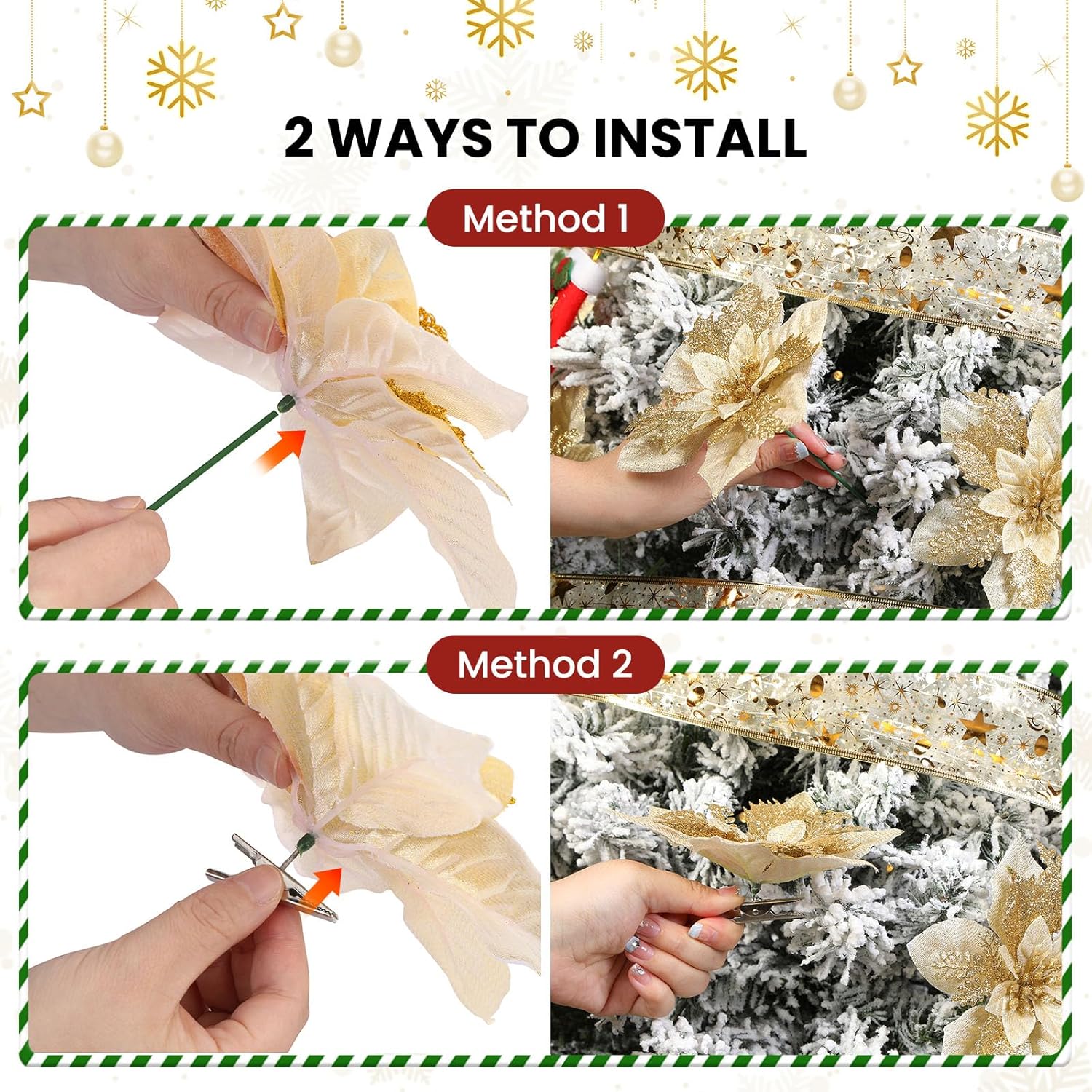 24Pcs 6"& 9 Inch Large Gold Artificial Poinsettia Christmas Flowers Decoration,Glitter Faux Ornaments For Xmas Tree Wreath Garlands New Year Home Decor, Gold